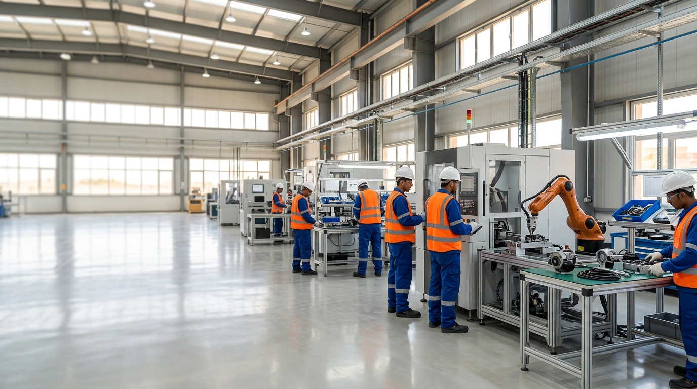 Modern manufacturing factory floor powered by Etqan
