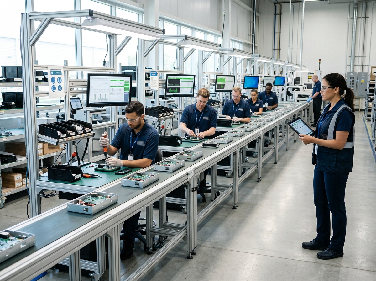 Supervisor monitoring assembly line on tablet