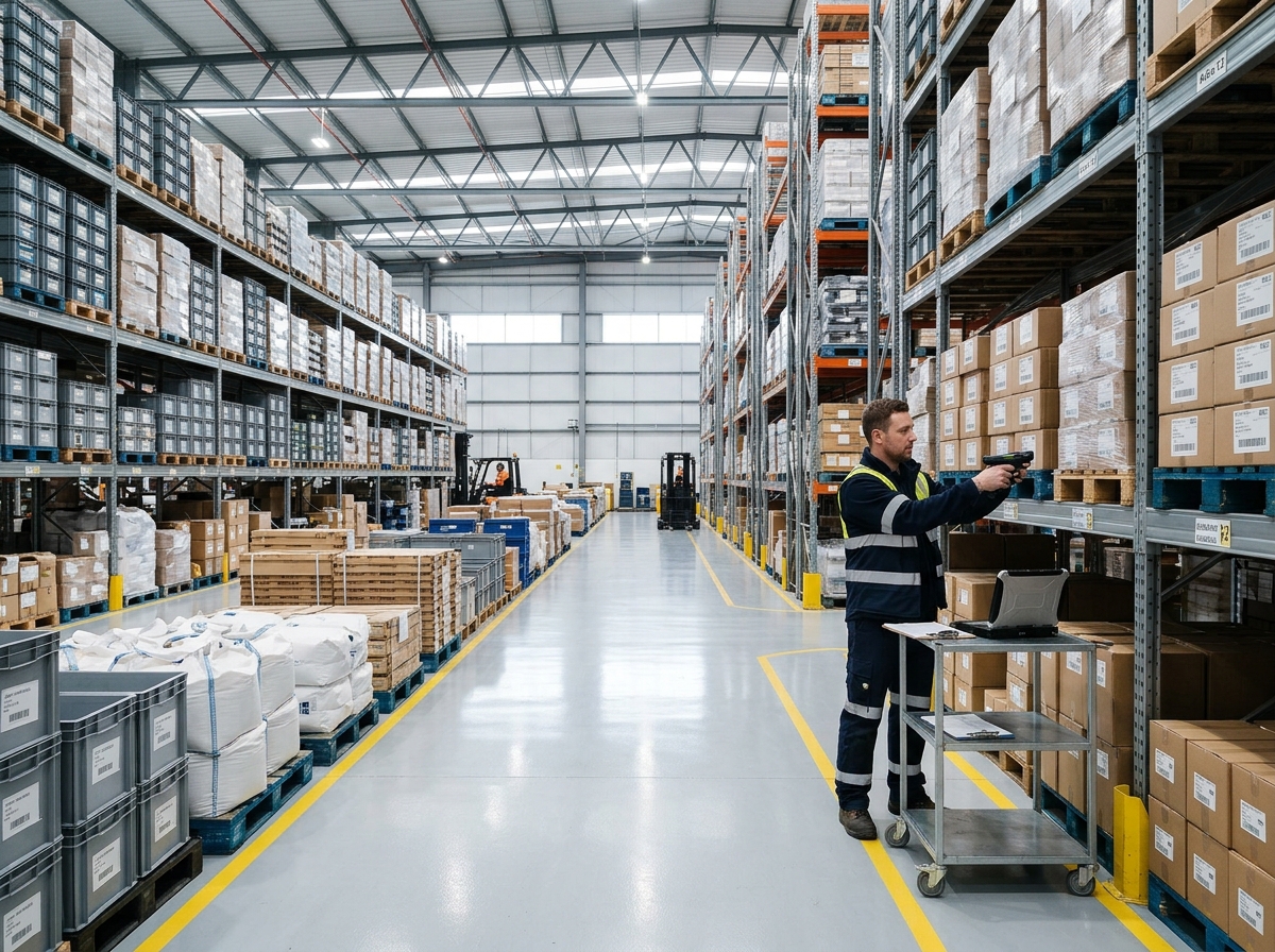 Organized industrial warehouse for manufacturing raw materials and finished goods
